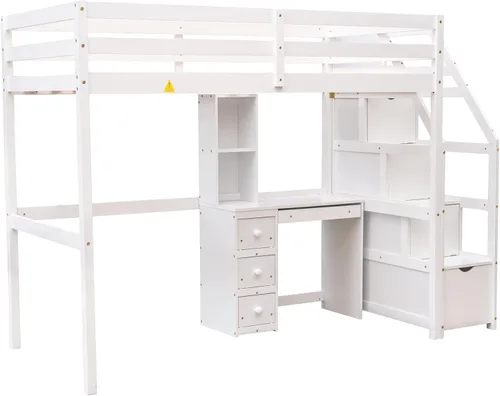 Miniatura 8 de Bellemave Cama alta con escritorio y escaleras, litera individual sobre cama individual con cajones de almacenamiento y estantes, camas altas