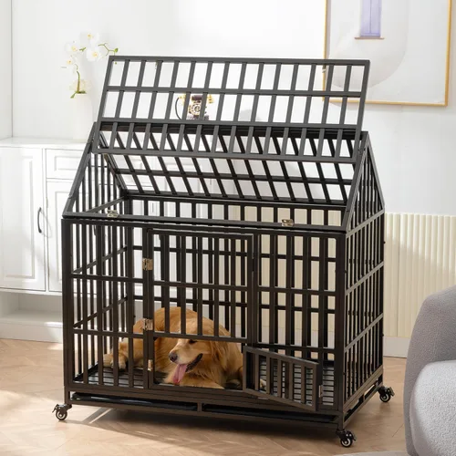 Jaula grande para perros, jaula de hierro galvanizado resistente de 47 pulgadas para perros, muebles con puerta delantera, puerta superior y 4