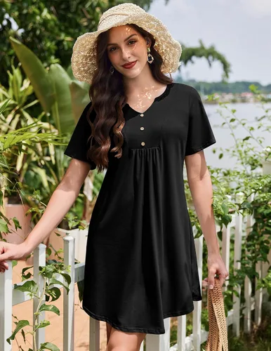 Miniatura 3 de Ekouaer Camisones para mujer de algodón Vestidos de noche Plisados Camisones Henley Cuello en V Camisas de dormir de manga corta Ropa de dormir