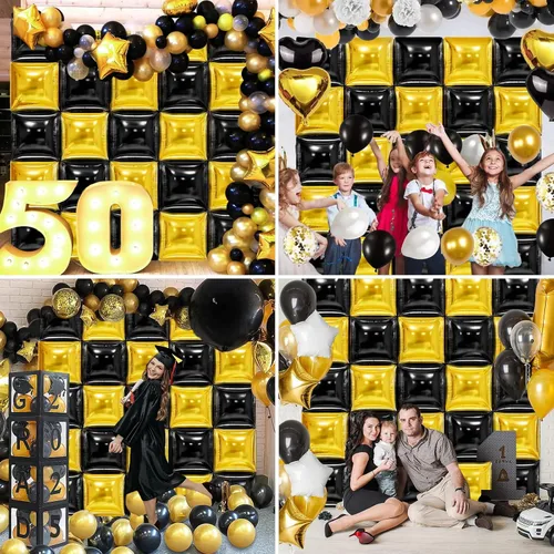 Miniatura 7 de MEMOVAN Globos cuadrados de papel de aluminio negro y dorado, telón de fondo de pared de doble cara, globos metálicos negros y dorados, guirnalda