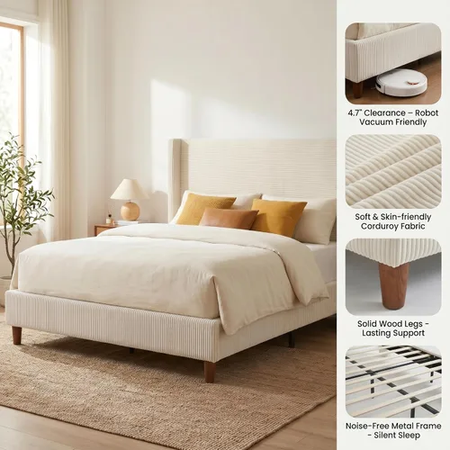 Miniatura 3 de WEUP Queen Bed Frame with Tall Headboard, 56" Corduroy Upholstered Bed Frames, Premier Modern Sturdy Wingback Cloud Bed-Frame Platform, Thicker