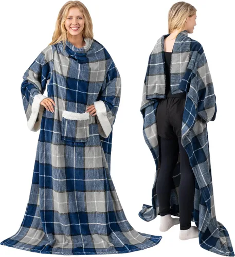 Miniatura 39 de PAVILIA Manta de forro polar con mangas para mujeres y hombres adultos, manta portátil cálida y suave, acogedora con bolsillo para abrazarse, manta