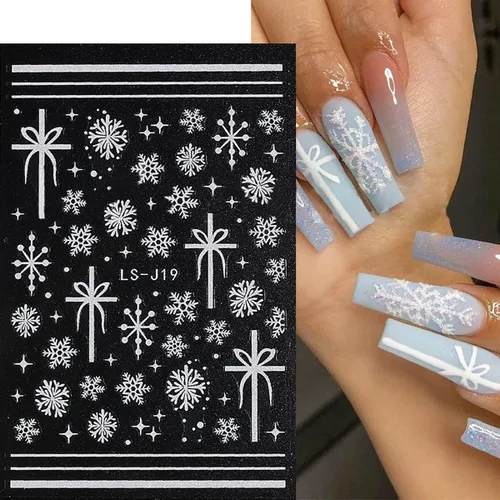Miniatura 2 de 6 hojas de calcomanías de uñas de copo de nieve plateado con purpurina 3D, autoadhesivas, diseño de uñas de invierno, diseño de uñas de reno, copos