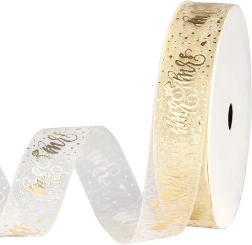 Cinta de regalo transparente dorada, cinta de hilo de nieve con letras de Mr & Mrs e impresión de anillo para despedida de soltera, 3/4 pulgadas x