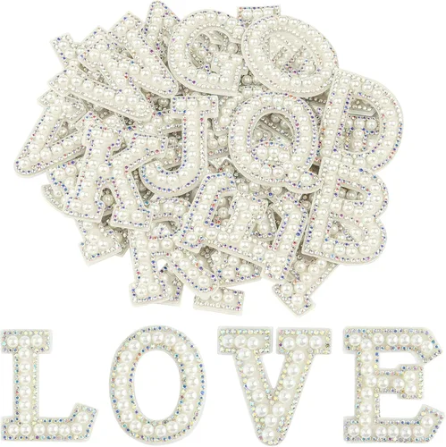 Miniatura 10 de Morcheiong 52 piezas de parches de letras de perlas con strass autoadhesivos A-Z, parches de letras de perlas para pegar en ropa, tela, mochila