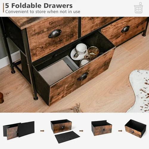 Miniatura 8 de LOKO Cómoda de 5 cajones para dormitorio, organizador rústico con cajones de tela y marco de acero sólido, cómoda ancha para armario, dormitorio