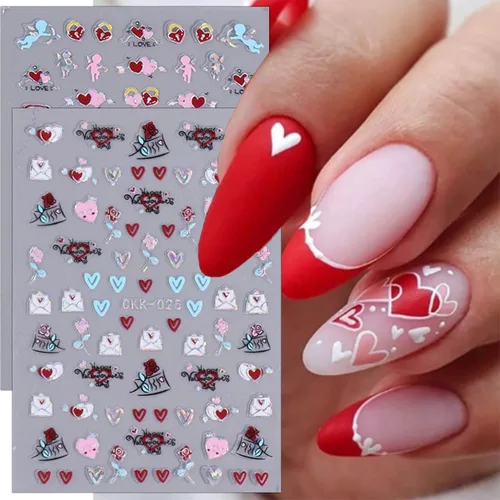 Miniatura 5 de 8 hojas de calcomanías de arte de uñas para el día de San Valentín, autoadhesivas, 3D, color plateado, rosa, rojo, labios, letras de corazón, diseño