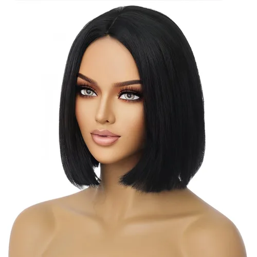 Miniatura 4 de PATTNIUM Peluca negra estilo Bob para mujer, pelucas cortas negras, rectas, parte media, peluca de cabello negro, aspecto natural, pelucas