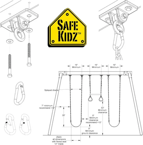 Ganchos resistentes Safe-Kidz™ para columpios de madera, con herrajes de montaje, ganchos y brocas de tamaño adecuado para la instalación, por 2
