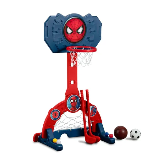 Delta Children Marvel Spider Man Centro Deportivo 4 en 1 – Aro de Baloncesto Ajustable Easy Score, Red de Fútbol/Hockey y Juego de Golf, Rojo/Azul