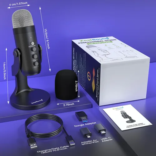 Miniatura 7 de ZealSound Micrófono Inalámbrico, Micrófono USB para iPhone PC iPad Teléfono Android - Micrófonos Condensadores de Escritorio Inalámbricos con Negro