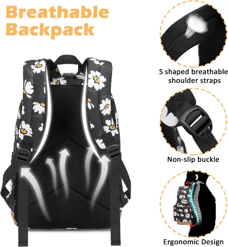 Miniatura 6 de Mochila escolar de 3 juegos, Pequeña margarita negra, Mediana, Mochilas Daypack