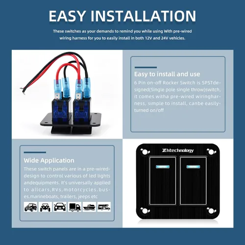 Miniatura 6 de Panel de interruptor basculante de aluminio de 2 vías, impermeable, precableado con retroiluminación azul, interruptor de palanca