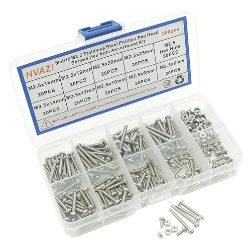 Miniatura 5 de Juego de tornillos Phillips de cabeza plana métricos M2.5 de acero inoxidable y tuercas (M2.5)