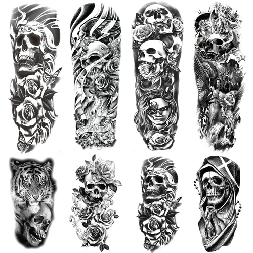 Tatuajes temporales de Halloween, tatuajes temporales de 4 hojas de calavera de manga completa y 4 hojas de calcomanías de tatuaje de medio brazo de