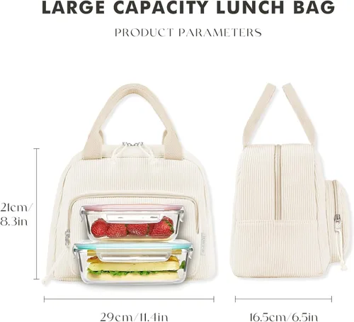 Miniatura 3 de HOMESPON Bolsa de Almuerzo para Mujeres Hombres Adultos con Bolsillo Frontal Bonita Pana Aislada Bolsa de Almuerzo Tote Gran Capacidad Caja