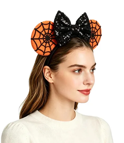 LSHDXD Diadema de Halloween y Navidad, diadema hecha a mano con orejas de ratón ajustables, diseño de telaraña de lentejuelas con purpurina, regalo