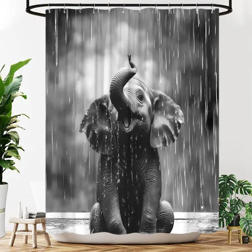 Miniatura 2 de Cortina de ducha con diseño de elefante, diseño de animales salvajes, diseño de gotas de lluvia, tela gris, con ganchos, 35 pulgadas de ancho x 70