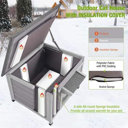 Miniatura 2 de Casa de Gatos al Aire Libre con Forro Aislado Resistente a la Intemperie para Gatos Salvajes para el Invierno