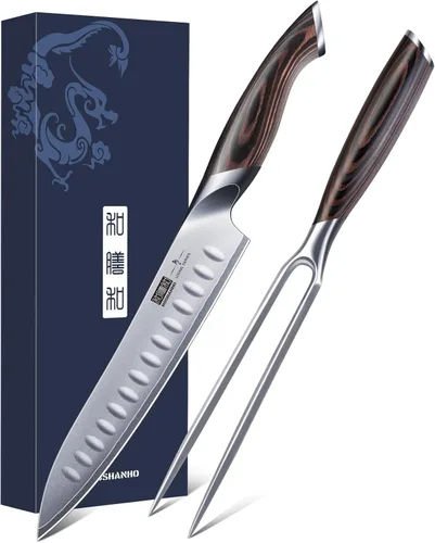 HOSHANHO Juego de cuchillo de rebanar de 8 pulgadas y tenedor de 7 pulgadas, juego profesional de cuchillo de carnicero de acero de alto carbono