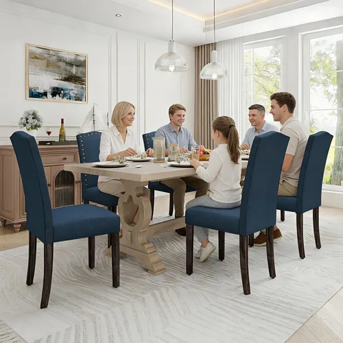 Miniatura 8 de LSSPAID Juego de 4 sillas de comedor, modernas y cómodas sillas Parsons tapizadas de lino con ribete de cabeza de clavo de bronce y patas de madera