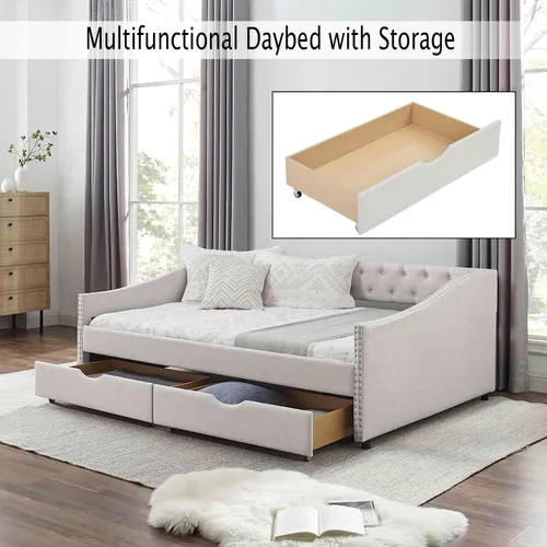 Miniatura 3 de Sofá cama individual con 2 cajones, moderno sofá cama tapizado con botón en la espalda y clavos de cobre en los brazos, sofá cama, marco de cámara