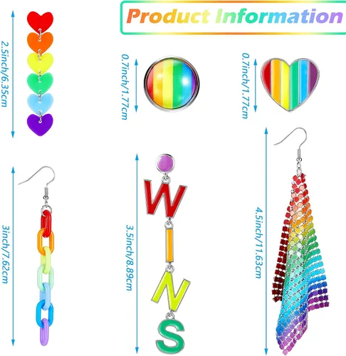 Miniatura 2 de 6 pares de aretes de arco iris, aretes de orgullo, aretes de malla de arco iris, aretes de clip de cadena ligera, aretes colgantes de amor, aretes