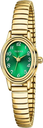 Miniatura 11 de Relojes pequeños de oro para mujer, reloj analógico de esfera fácil de leer, caja ovalada, banda de expansión de acero inoxidable, reloj impermeable