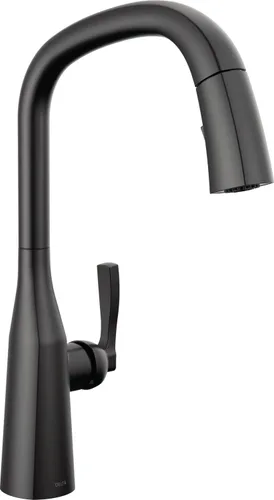 Delta Faucet Stryke 9176-BL-DST - Grifo de cocina negro mate con rociador extraíble, grifo para fregadero de cocina, cabezal rociador de