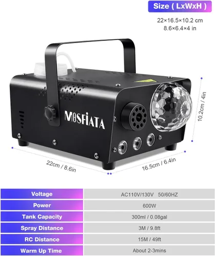 Miniatura 4 de MOSFiATA - Máquina de niebla con luz de discoteca 600W, máquina de humo con luces LED RGB, pulverización de 2300 CFM, control remoto, perfecta