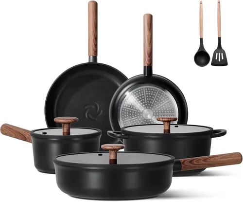 JEETEE Juego de utensilios de cocina de cerámica, 15 ollas y sartenes antiadherentes con asas extraíbles, juego de utensilios de cocina de inducción