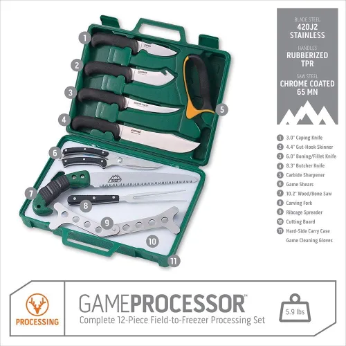 Miniatura 8 de Outdoor Edge Procesador de juegos, PR-1, kit completo de cuchillos de caza de 12 piezas para procesar juegos grandes, cuchillas afiladas de acero