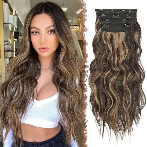 Miniatura 12 de FESHFEN Extensiones de cabello con clip - 4 piezas Extensiones de cabello sintético ondulado largo y grueso con clip para cabeza completa