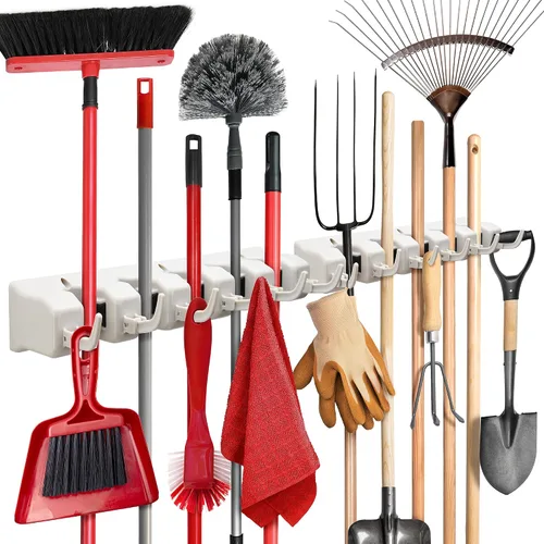 Miniatura 10 de Soporte de pared para fregona y escoba, organizador de almacenamiento de garaje con 5 ranuras, 6 ganchos, capacidad de 7.5 libras por ranura, hogar