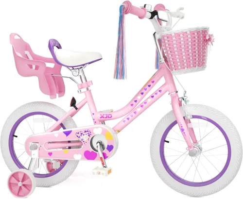 Miniatura 10 de XJD Bicicleta para niñas de 2 a 12 años, bicicleta para niños de 12, 14 y 16 pulgadas, con ruedas de entrenamiento, serpentinas, cesta y asiento