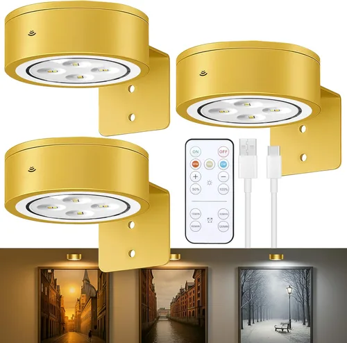Paquete de 3 luces para cuadros de pared, luz LED para pintura operada por batería recargable con control remoto regulable y temporizador, 3 modos