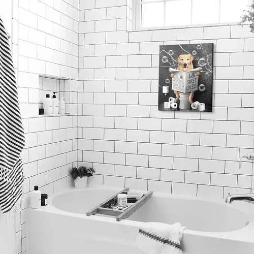 Miniatura 5 de Kasluolo Divertido arte de pared de perro Beagle para decoración de baño, lindo beagle sentado en la bañera, lienzo impreso pintura de animales