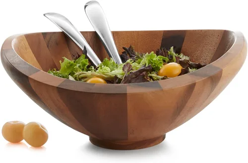 Miniatura 2 de Nambé Ensaladera Mariposa con Servidores, Cuenco de Madera de Acacia de 16 Pulgadas con Servidores de Aleación de 14 Pulgadas, Centro de Mesa