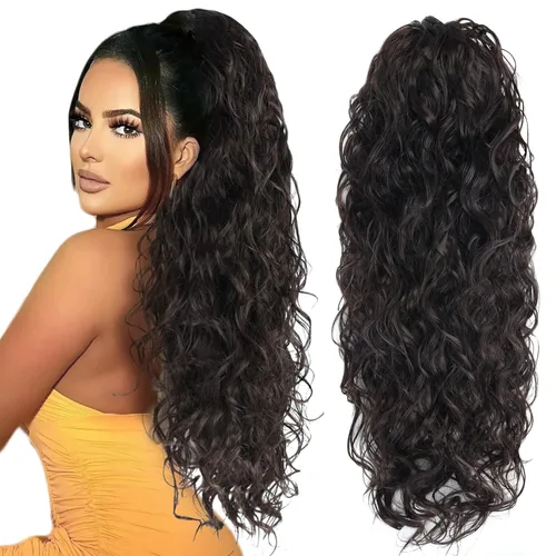 Miniatura 6 de Extensión de cola de caballo larga con cordón sintético de 26 pulgadas, moño rizado 4# Clip en extensión de pelo para mujer
