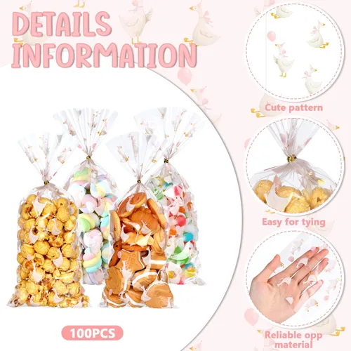 Miniatura 3 de Yexiya 100 bolsas de dulces de ganso de celofán transparentes con lazos de cinta, bolsa de plástico impresa de ganso blanco para aperitivos