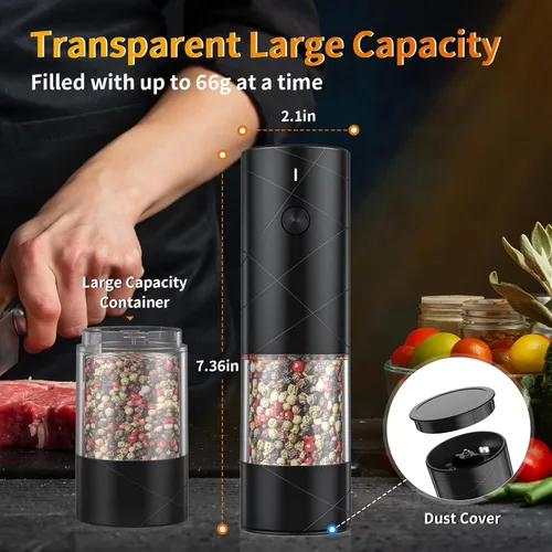 Miniatura 5 de Lidaop - Juego de 2 molinillos eléctricos de sal y pimienta recargable por USB con luz LED cálida, grosor ajustable, gran capacidad, molinillo