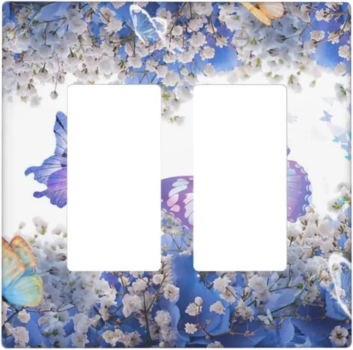 Miniatura 153 de Cubierta de interruptor de luz de 3 cuadrillas con diseño de flores azules púrpuras, cubierta de placa de pared de triple palanca, arbustos florales