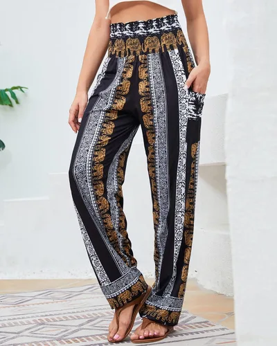 Miniatura 8 de QIANXIZHAN - Pantalones deportivos de tiro alto para mujer, diseño estilo harén bohemio con bolsillos, para yoga