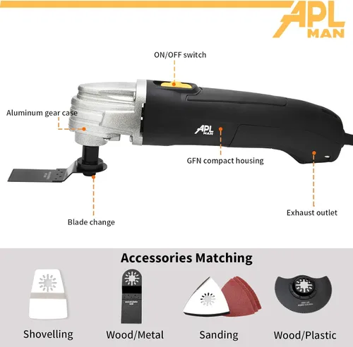 Miniatura 2 de APLMAN Herramienta oscilante multiusos, multiherramienta oscilante de 1.6 amperios con ángulo de oscilación de 3.2°, velocidad única y 8 accesorios