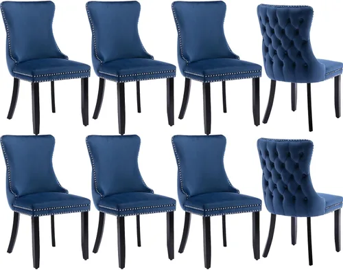 Miniatura 11 de Juego de 4 sillas de comedor de terciopelo, sillas de comedor tapizadas con respaldo de alas altas con ribete de cabeza de clavo, patas de madera