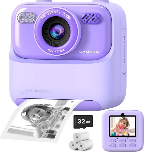 Miniatura 9 de Cámaras digitales instantáneas para niños y niñas, cámara digital selfie HD de doble lente 1080P con papel de impresión y tarjeta de 32G, regalos