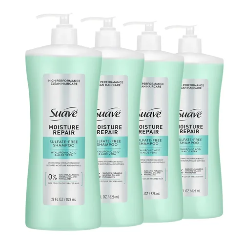 Suave Champú reparador de humedad sin sulfato con ácido hialurónico y aloe vera, hidrata y restaura el cabello seco y dañado, 4 unidades, 28 onzas