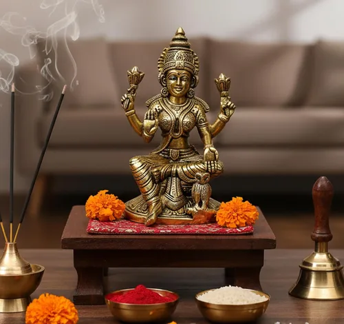 Miniatura 2 de eSplanade Escultura de estatua de ídolo de Murti de Laxmi Lakshmi de latón Ídolos Pooja - Decoración para el hogar Dorado - 6.75 pulgadas