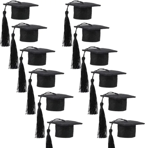Hicarer Paquete de 12 mini gorras de graduación 2026 con borla, sombrero de graduación pequeño, color negro, decoración de botellas de vino para