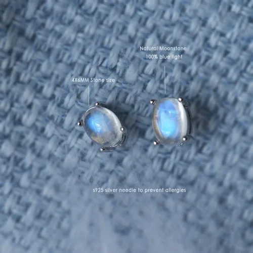 Miniatura 2 de ITSMOS Pendientes de piedra de luna natural, piedra de luz de luna azul s925 tachuelas de plata, piedra ovalada amante de la piedra romántica